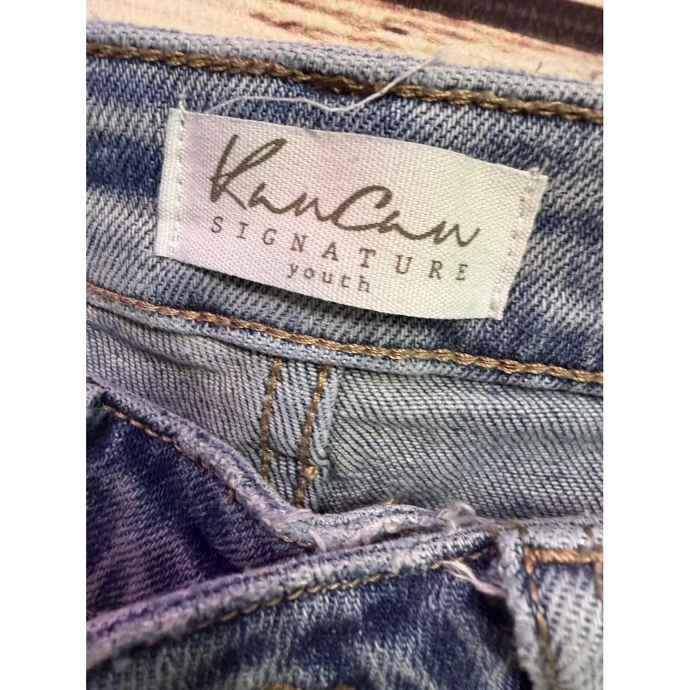 KanCan Signature Youth Girls Mid Rise Flare Jeans Light Wash Frayed Hem Blue